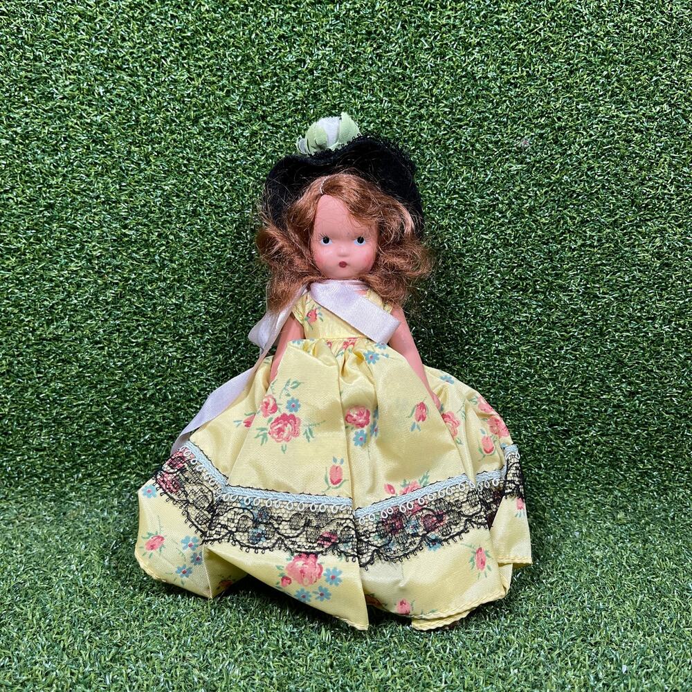 Vintage Nancy Ann Storybook Doll 5.5" Red Hair Yellow Floral Dress Felt Hat